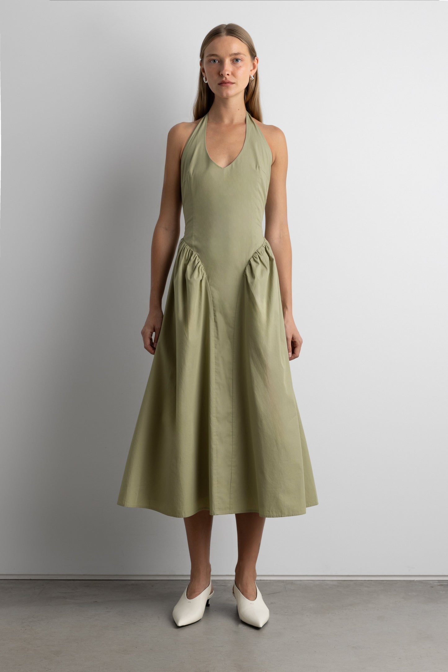 COTTON POPLIN HALTER MIDI DRESS