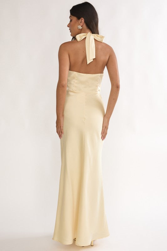 Thessaly Sleeveless Halter Open Back Maxi Dress Yellow