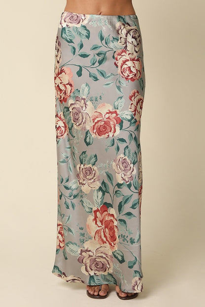 Waitlist  8/20 • Rory High Waist Elegant Floral Print Satin Maxi Skirt Sage