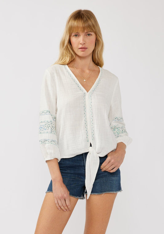Katya Embroidered Tie Front Top
