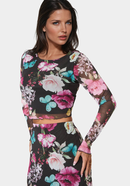 Mesh Printed Two Piece Long Sleeve Set