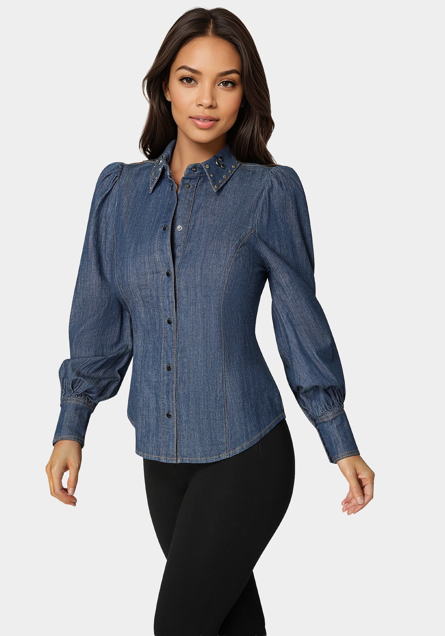 Button Front Studded Collar Denim Shirt