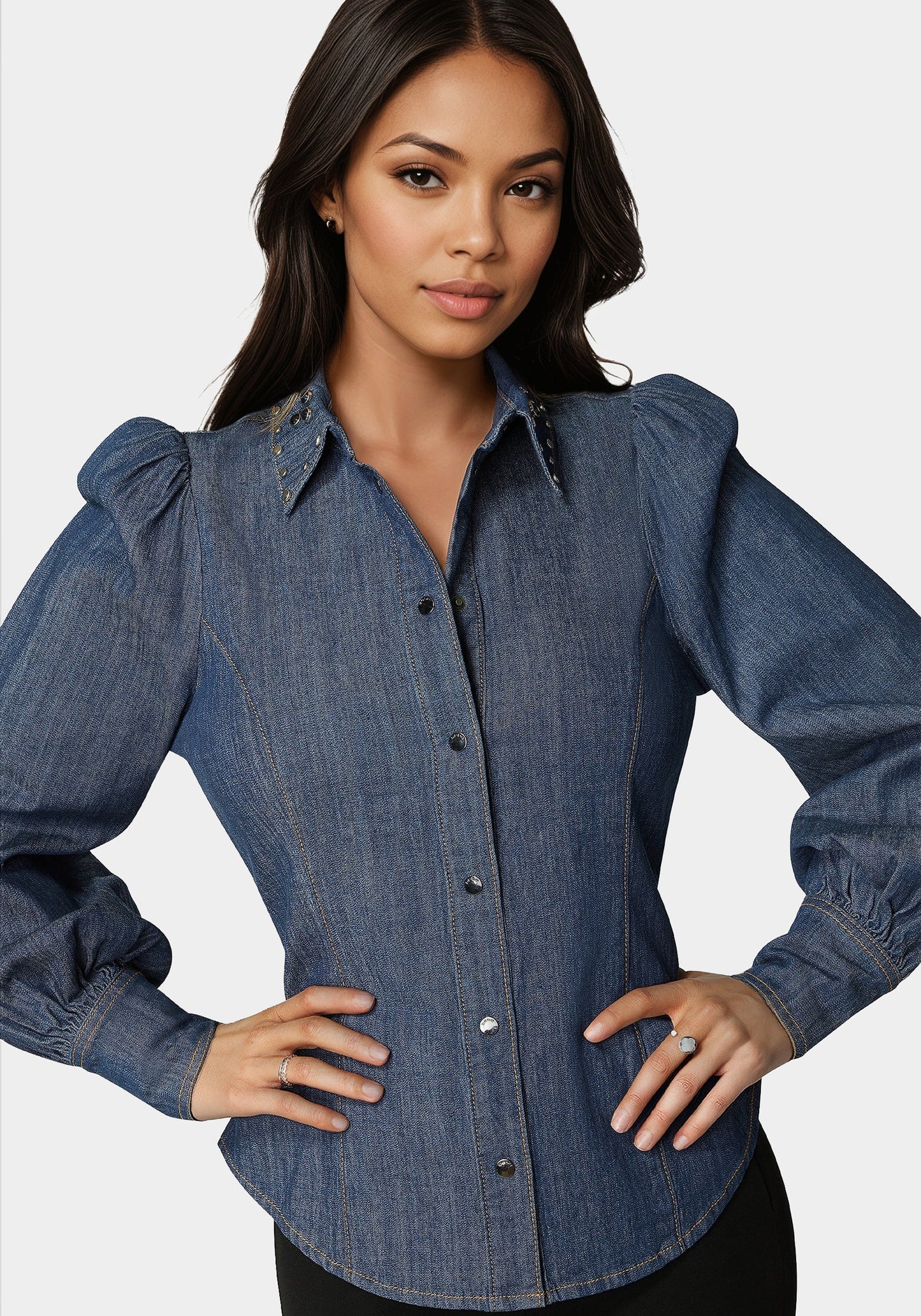 Button Front Studded Collar Denim Shirt