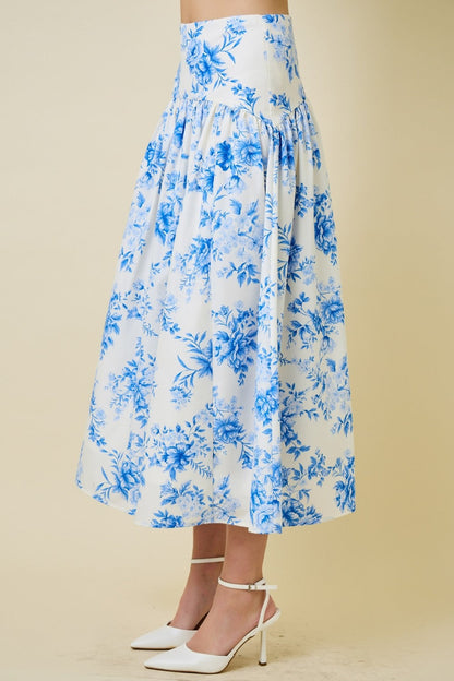 Thalia High Waist Floral Print Maxi Skirt Blue