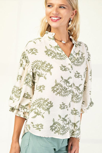 Florence Balloon Sleeve Button Down Printed Top Sage