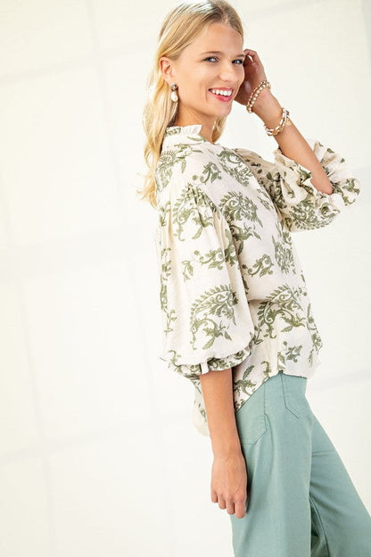 Florence Balloon Sleeve Button Down Printed Top Sage