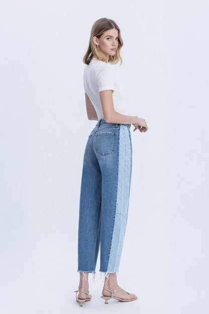Rachel High Rise Cropped Barrel Two Tone Jeans Medium Wash