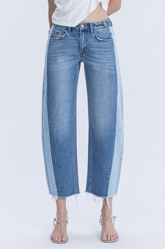 Rachel High Rise Cropped Barrel Two Tone Jeans Medium Wash