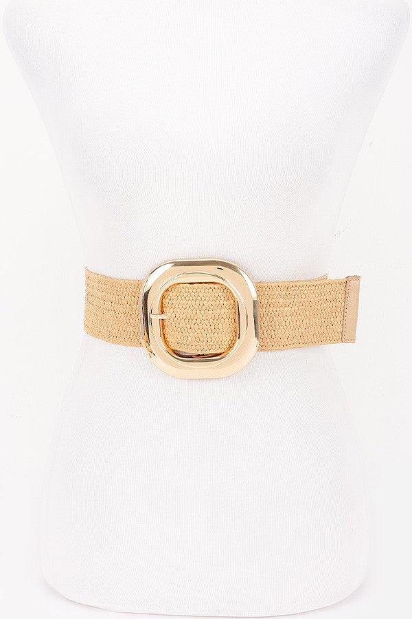 Georgiana Gold Circular Buckle Straw Waist Belt Beige