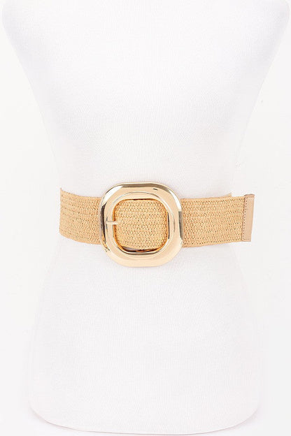Georgiana Gold Circular Buckle Straw Waist Belt Beige