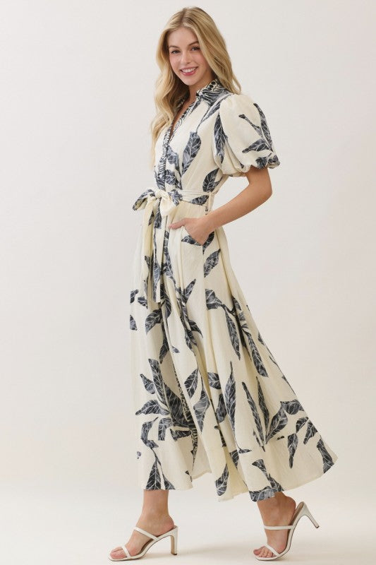 Emmeline Short Bubble Sleeve Waist Tie Abstract Print Maxi Dress Navy