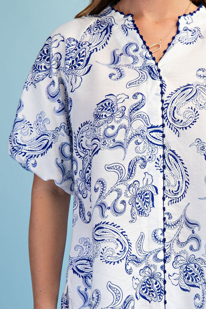 Shirley Short Bubble Sleeve Button Down Paisley Print Top Blue