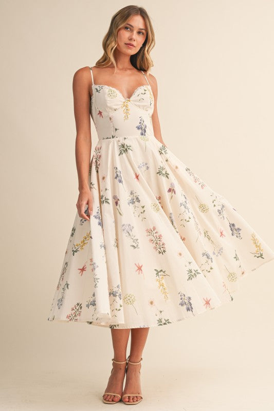 Kelly Sleeveless Floral Print Midi Dress Cream