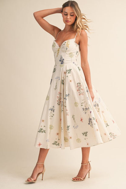 Kelly Sleeveless Floral Print Midi Dress Cream
