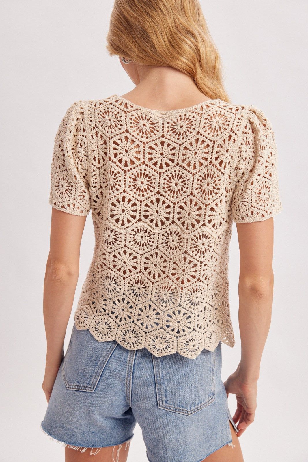Dionne Short Sleeve Button Down Floral Crochet Knit Top Natural
