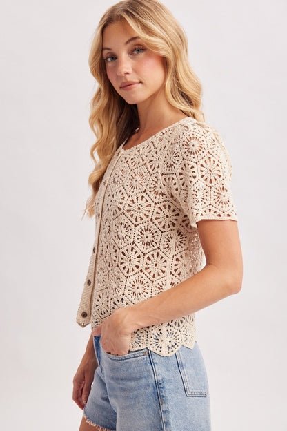 Dionne Short Sleeve Button Down Floral Crochet Knit Top Natural