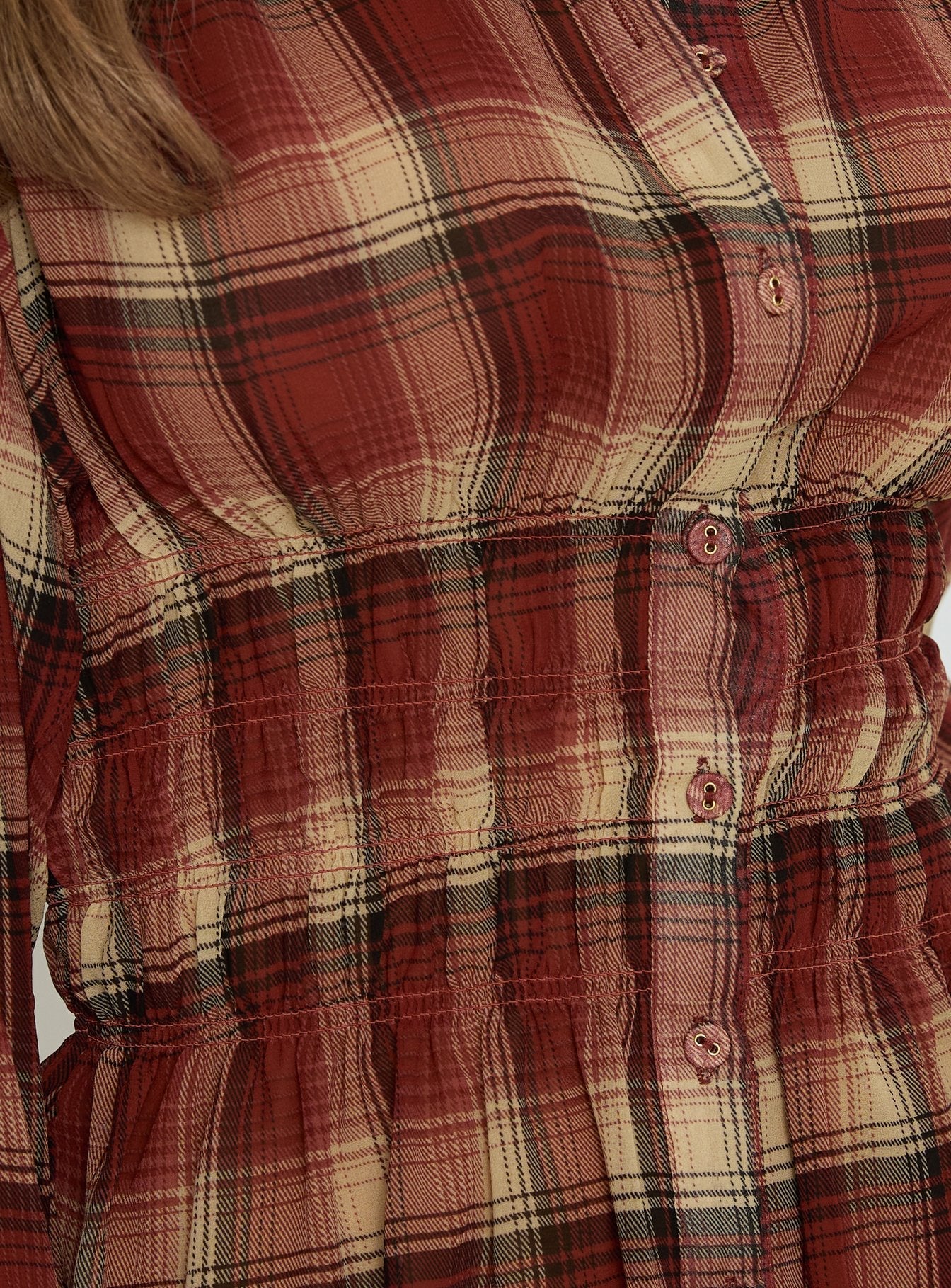 As You Are Shirred Button Up Top Red Check