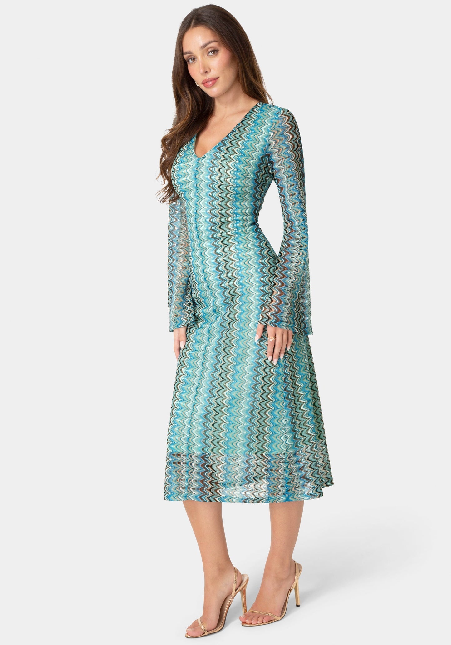 Crochet Stripe Bell Sleeve Maxi Dress