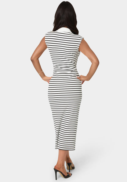 Stripe Rib Column Dress with Collar