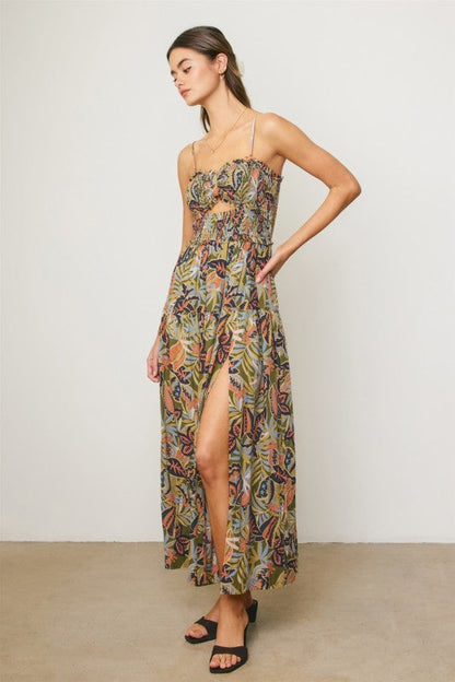 Fawn Sleeveless Cut Out Tropical Print Maxi Dress Green