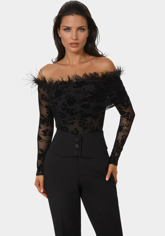 Off Shoulder Feather Bodysuit