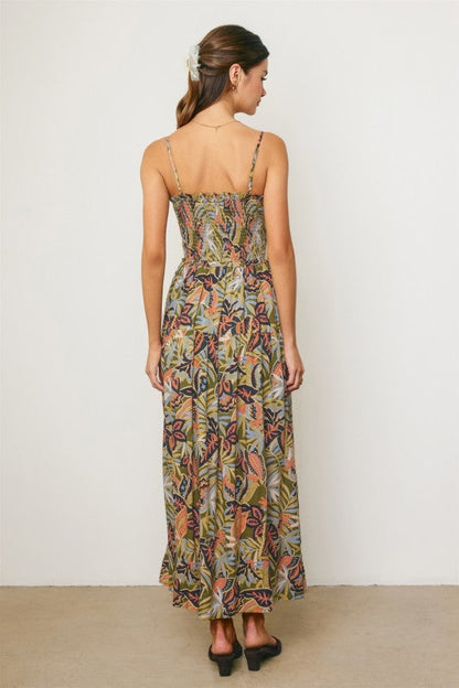 Fawn Sleeveless Cut Out Tropical Print Maxi Dress Green