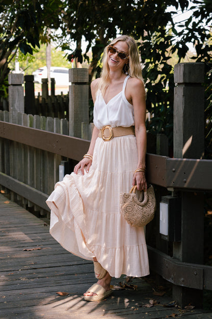 Georgiana Gold Circular Buckle Straw Waist Belt Beige