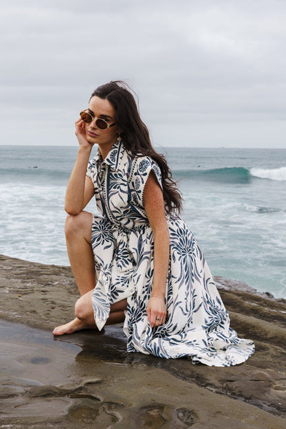 Waitlist 6/25 • Jodi Short Sleeve Waist Tie Damask Print Maxi Dress Blue