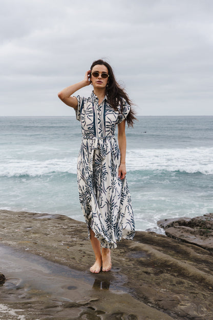Waitlist 6/25 • Jodi Short Sleeve Waist Tie Damask Print Maxi Dress Blue