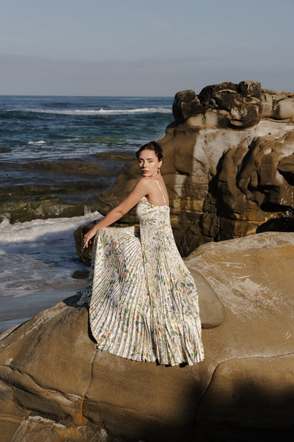 Cambrie Sleeveless Pleated Floral Print Maxi Dress Green