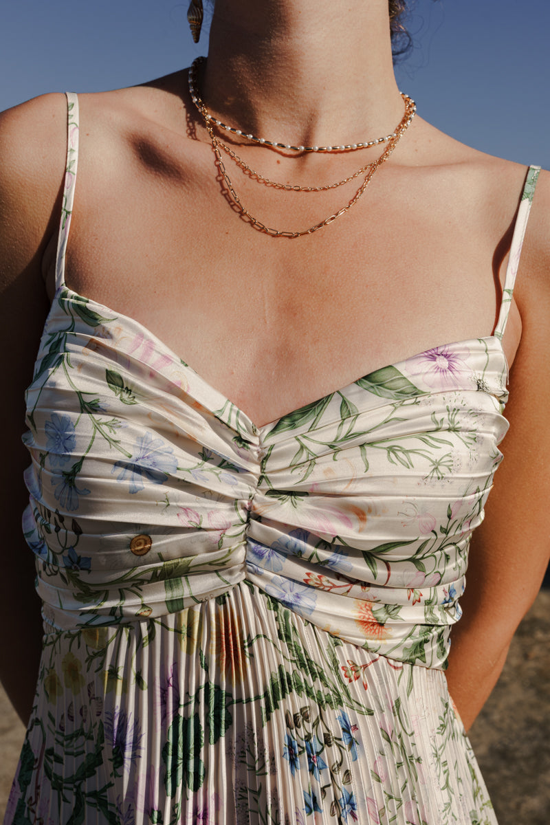 Cambrie Sleeveless Pleated Floral Print Maxi Dress Green