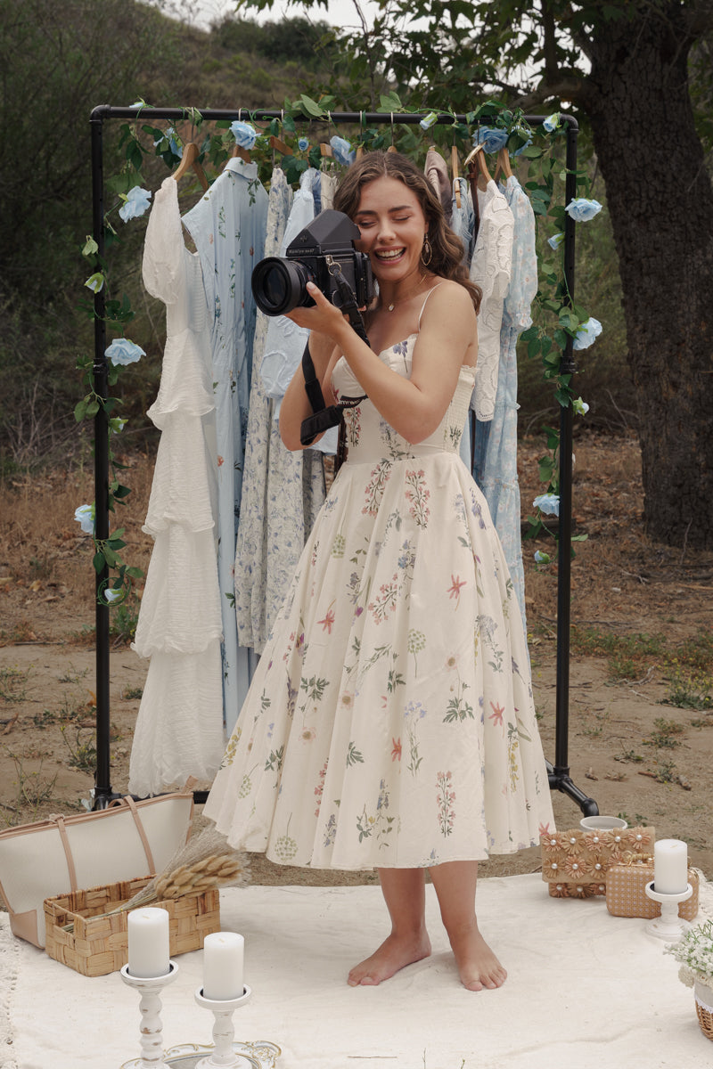 Kelly Sleeveless Floral Print Midi Dress Cream