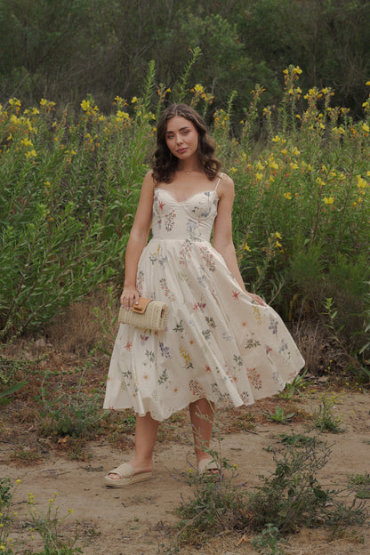 Kelly Sleeveless Floral Print Midi Dress Cream