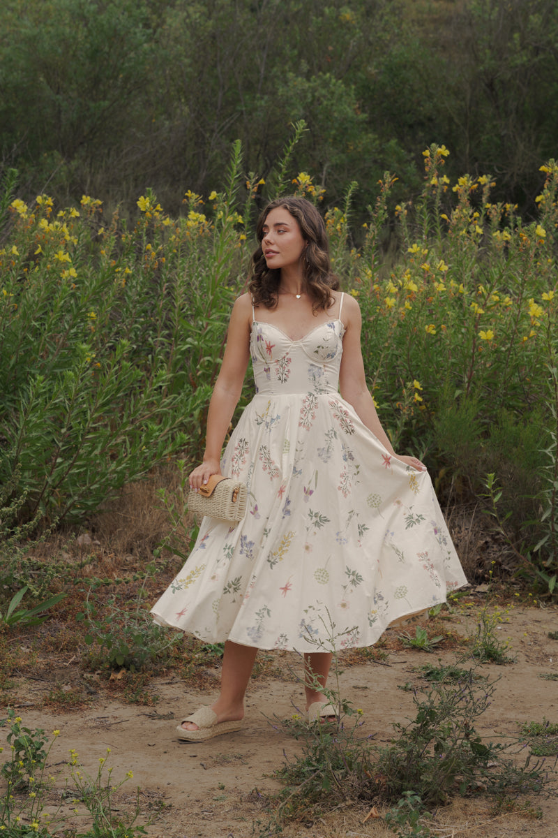 Kelly Sleeveless Floral Print Midi Dress Cream
