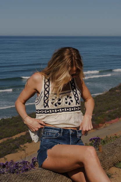 Kenza Sleeveless Crochet Cami Top Cream