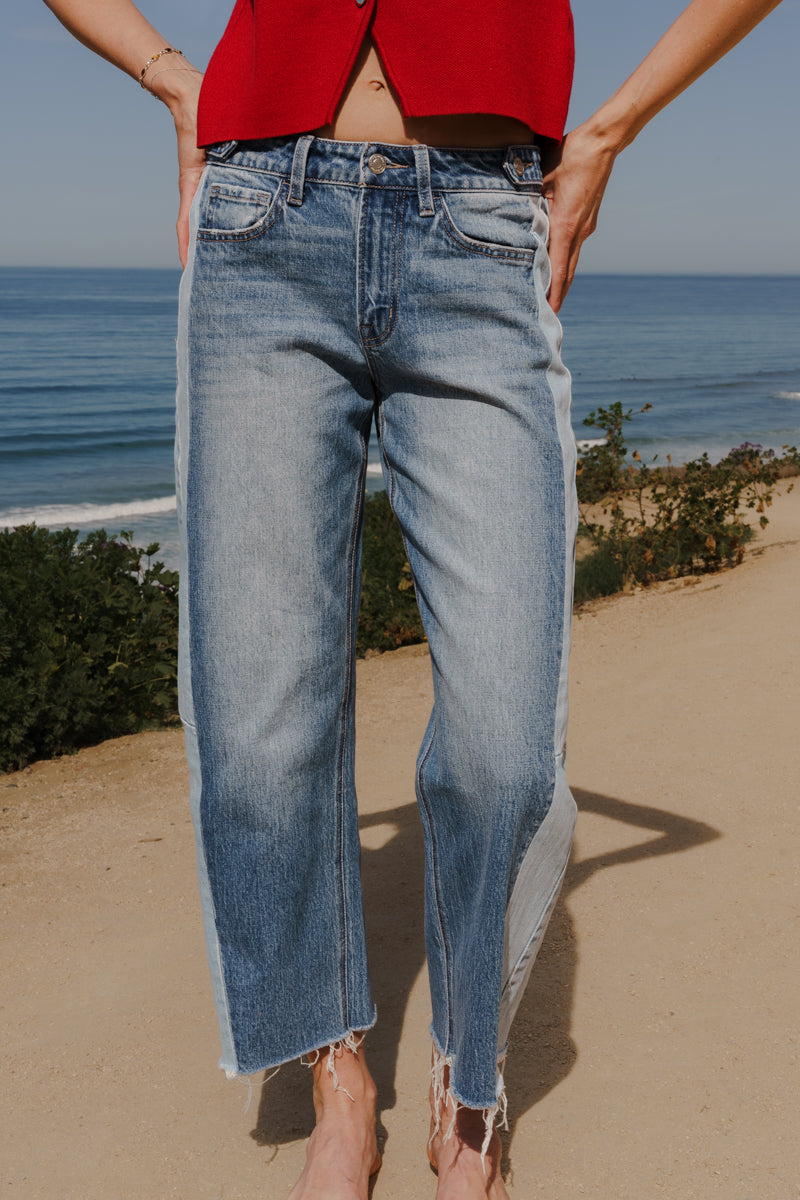 Rachel High Rise Cropped Barrel Two Tone Jeans Medium Wash