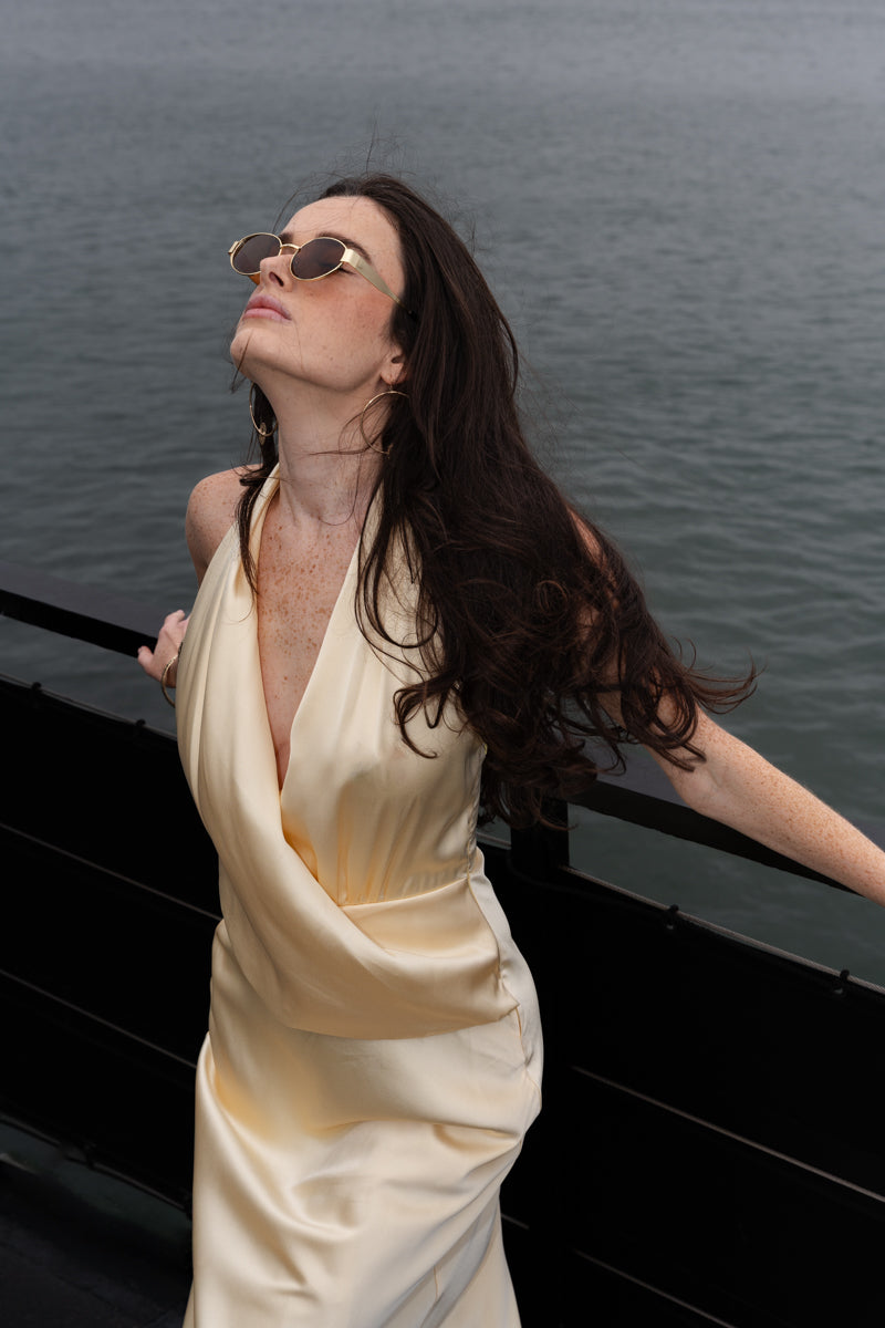 Thessaly Sleeveless Halter Open Back Maxi Dress Yellow