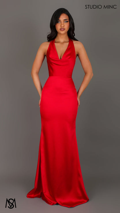 Cherie - Red Formal Dress, Satin Cowl Plunge halter neck fitted silhouette