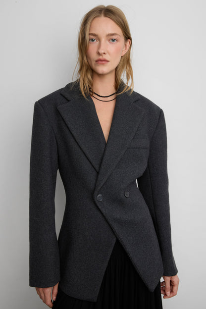 DOUBLE-BREASTED WOOL BLEND WAIST BLAZER COAT