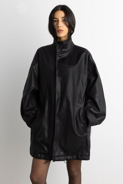 OVERSIZED FUNNEL NECK VEGAN LEATHER JACKET