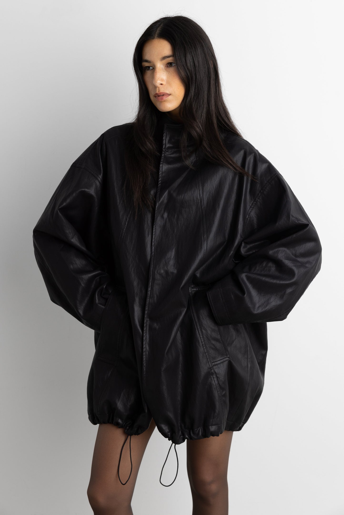 OVERSIZED FUNNEL NECK VEGAN LEATHER JACKET