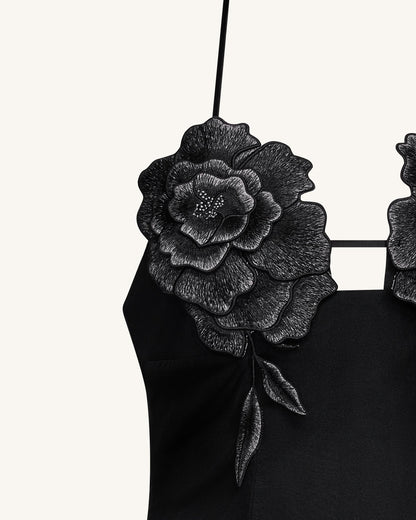 Flower 刺繡迷你洋裝 - 黑色
