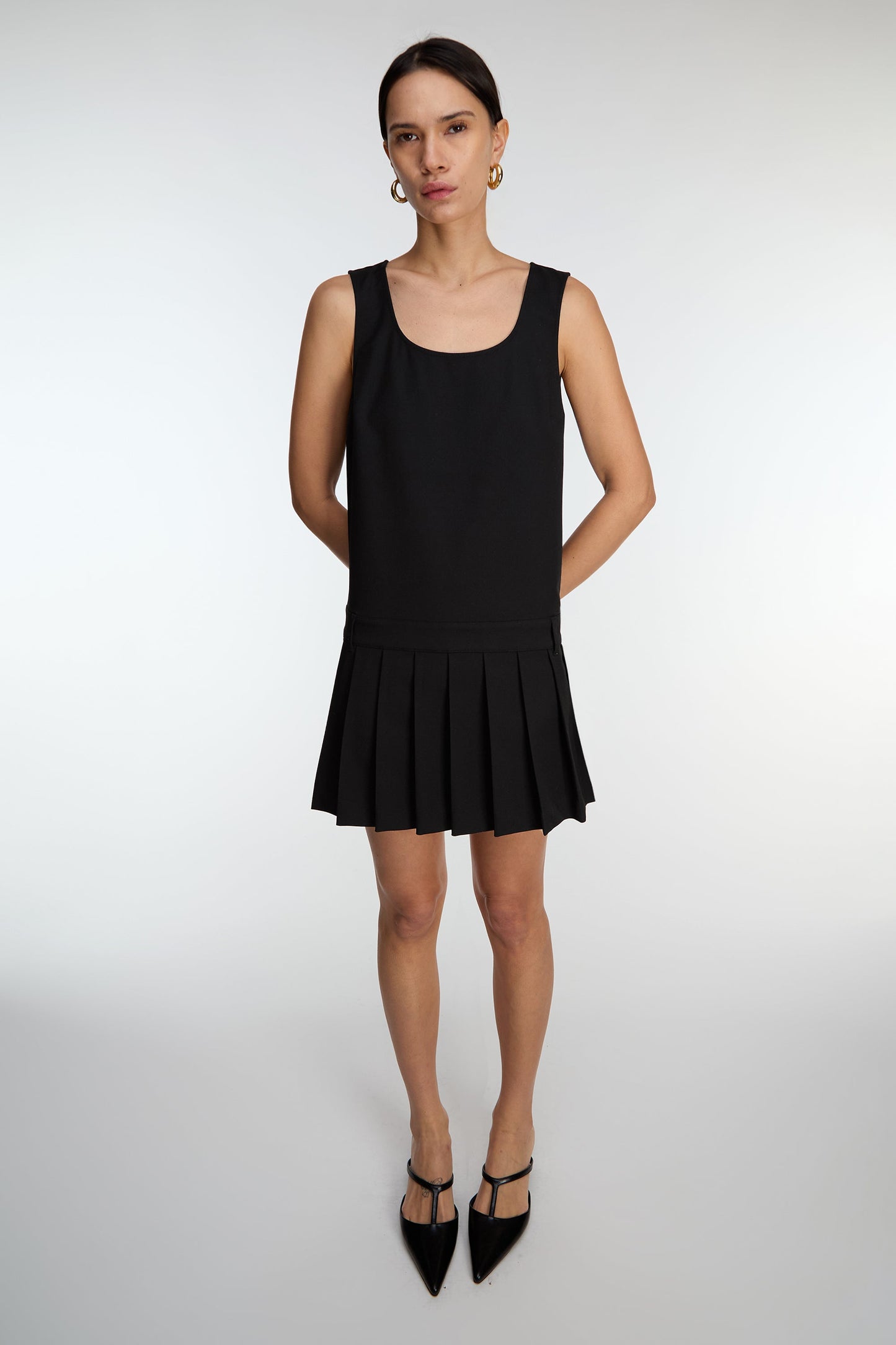 PLEATED SCOOP NECK MINI DRESS