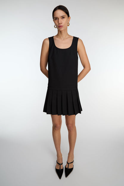 PLEATED SCOOP NECK MINI DRESS