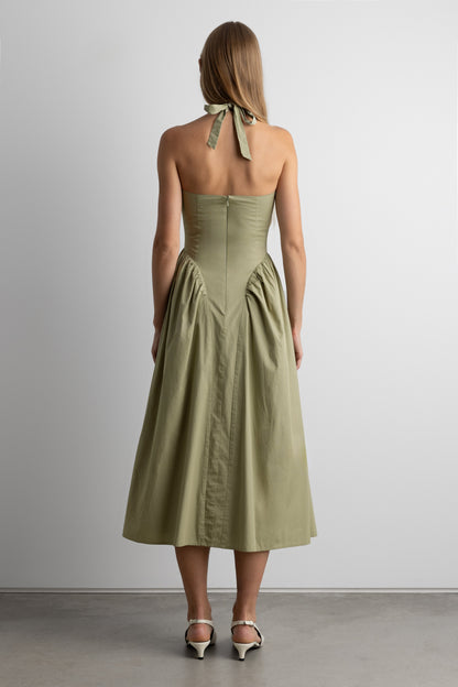 COTTON POPLIN HALTER MIDI DRESS