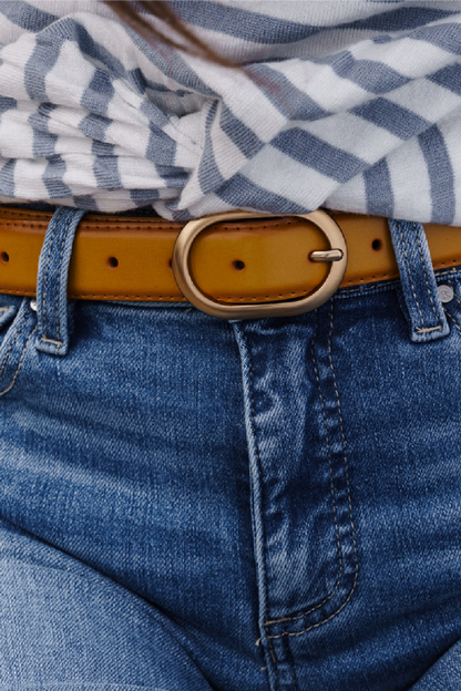Jessie Contrast Stitched Oval Buckle Vegan Leather Belt Camel