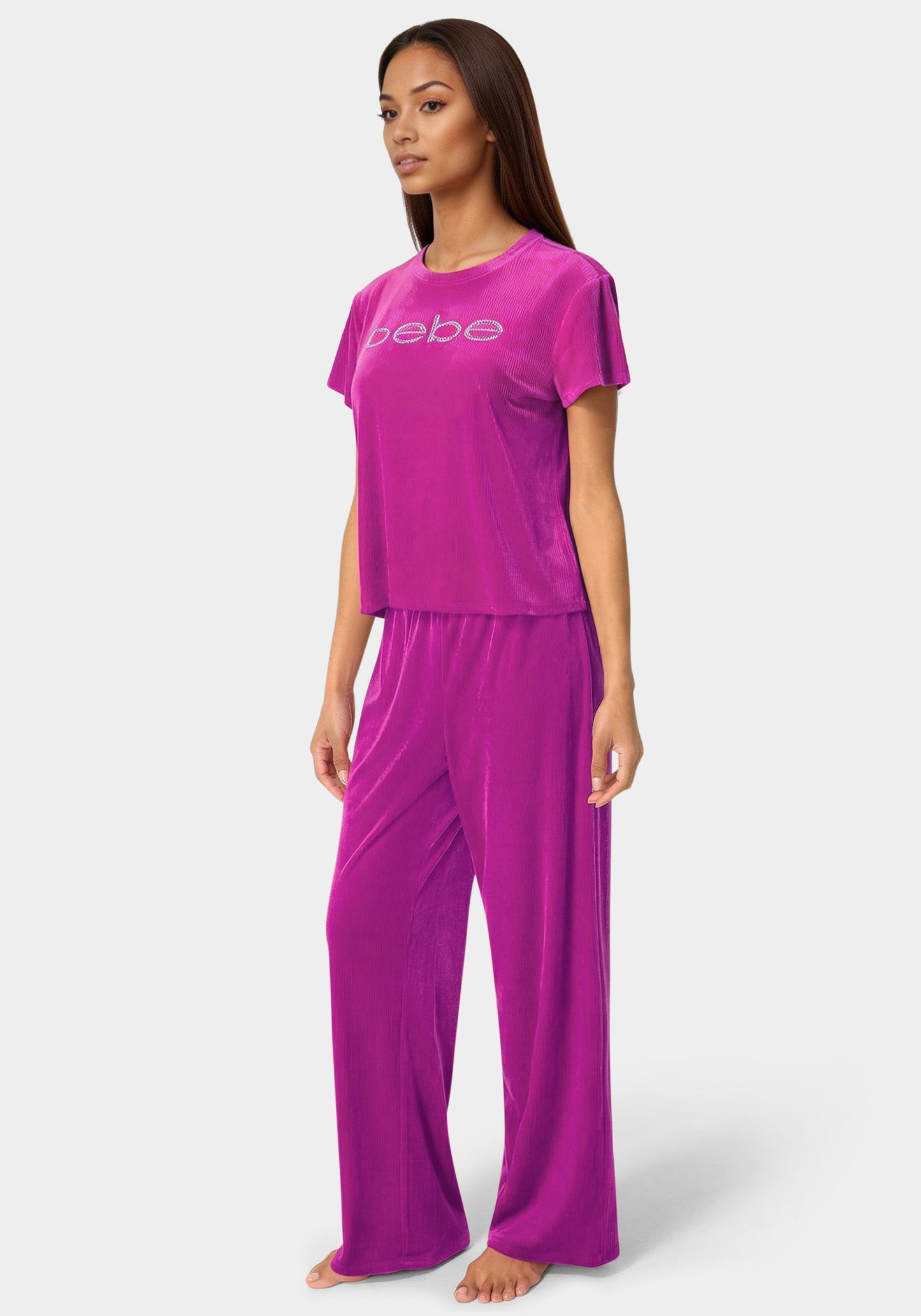 2pc Velour Ribbed Soft Rhinestone Lounge Set