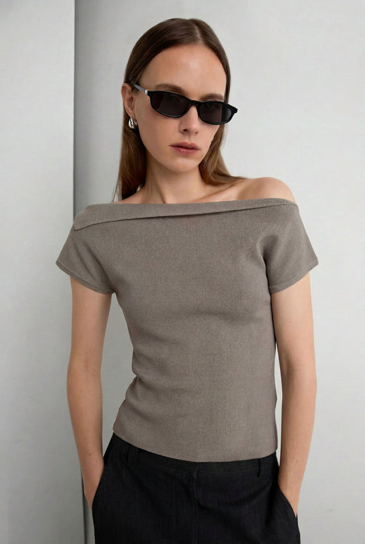 ASYMMETRICAL OFF THE SHOULDER CAP SLEEVE SWEATER