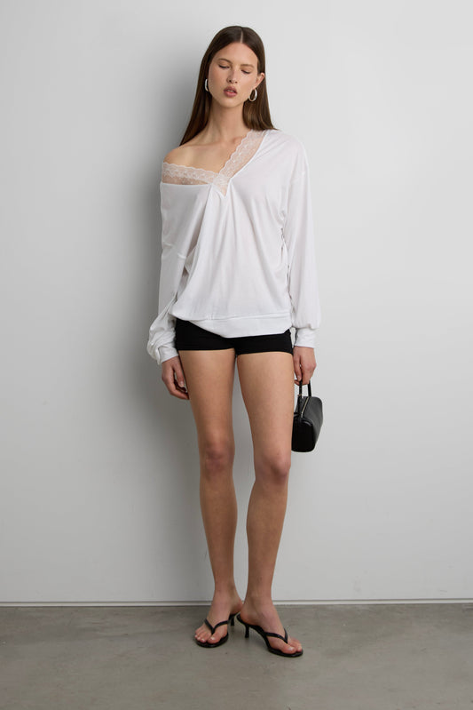 LACE TRIM V-NECK SLOUCHY TOP
