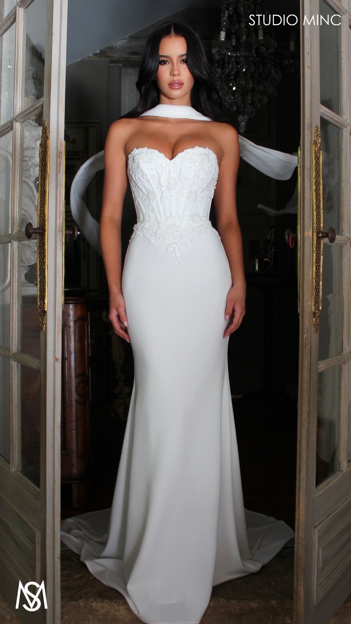 August - White Wedding Dress | Beaded Corset Fitted Mermaid Neck Scarf